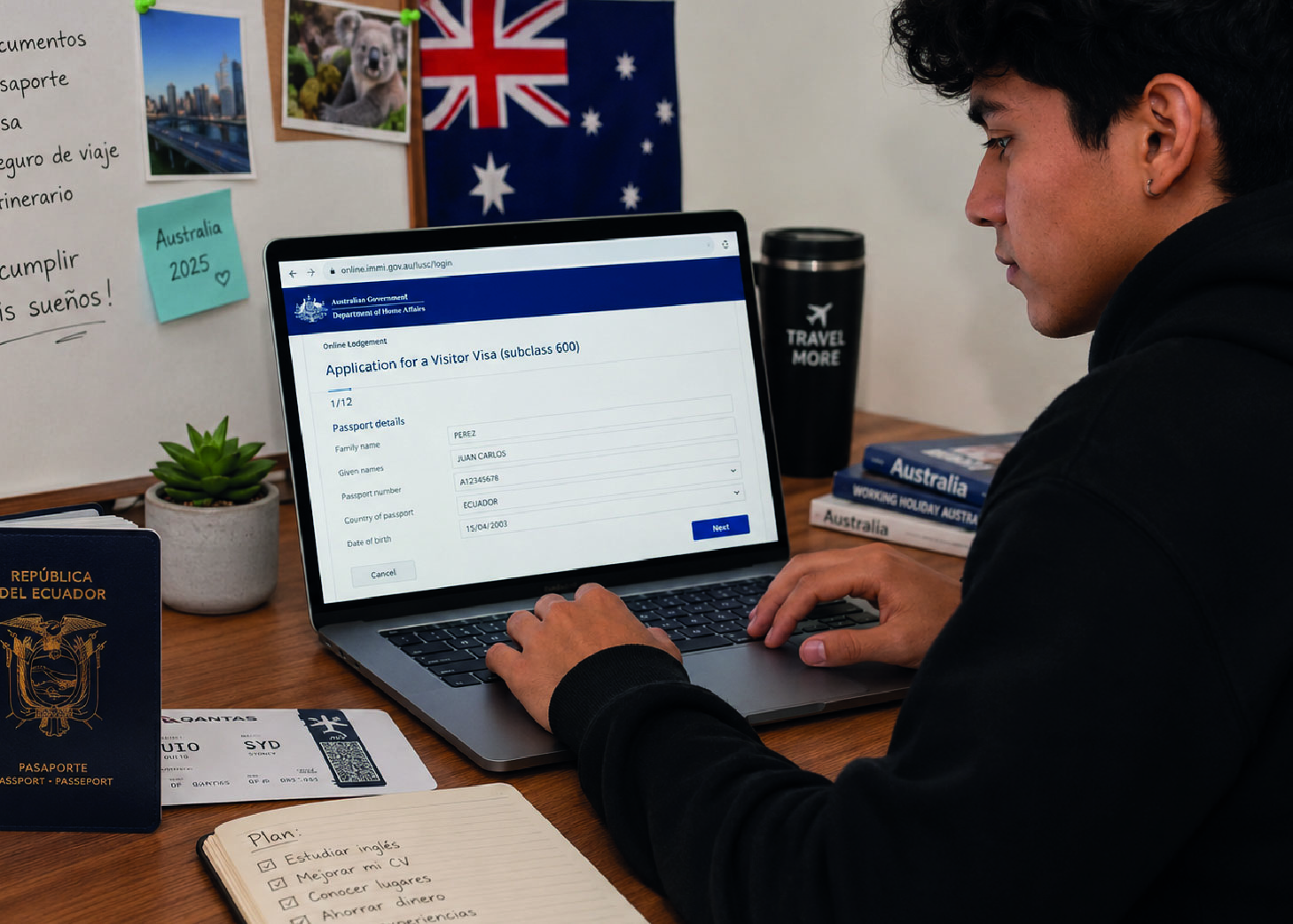 Joven ecuatoriano completando la solicitud de visa en ImmiAccount
