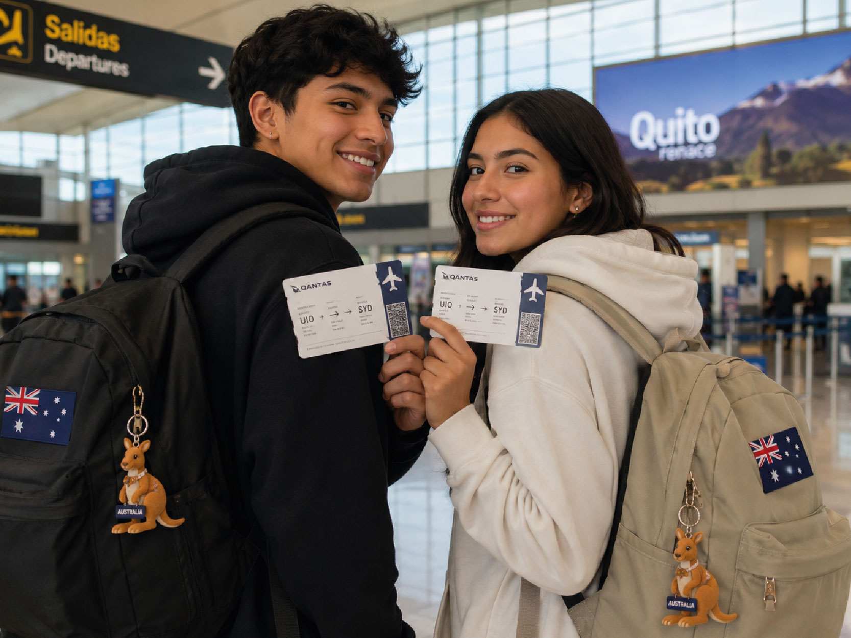 Jóvenes ecuatorianos listos para viajar a Sydney con sus boarding passes Qantas